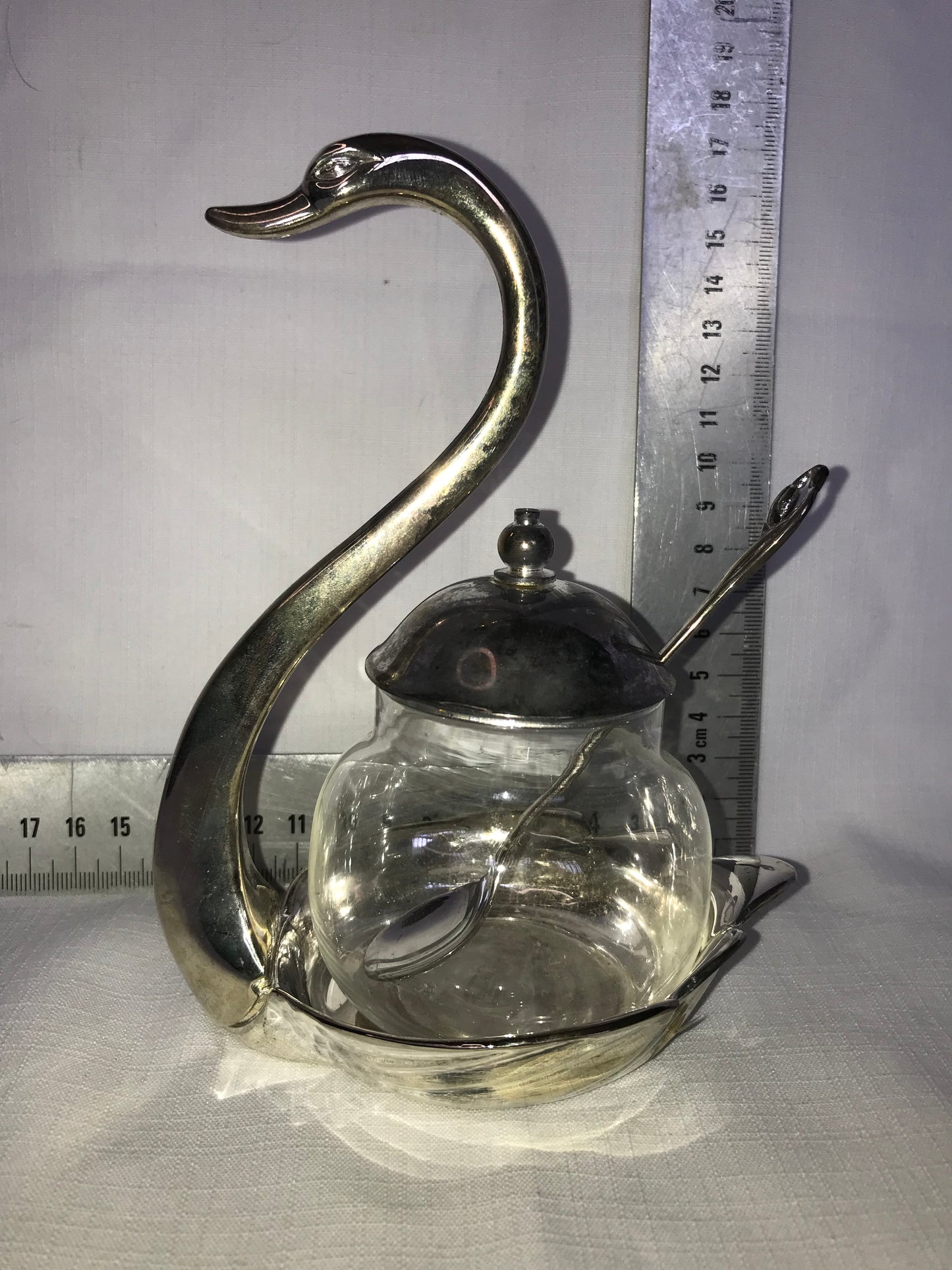 Silver-plated and glass swan jam set with Silver-plated cover and spoon