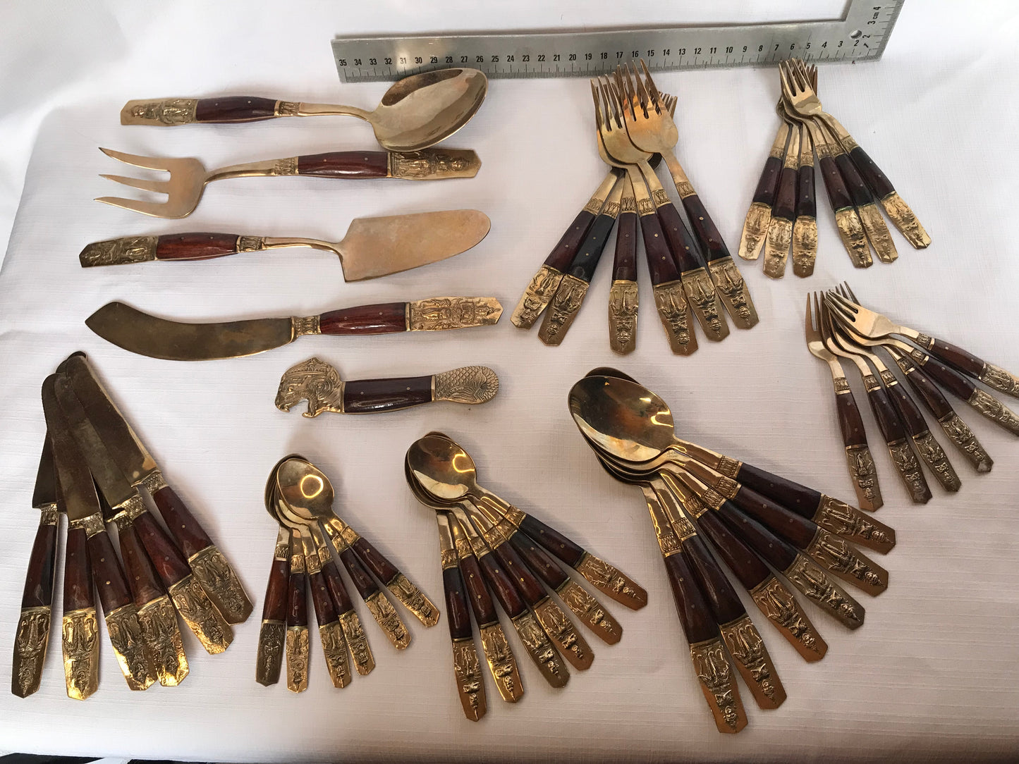 Nickel Bronze and wood cutlery set of 47 items, Thailand