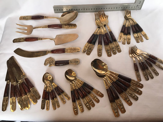Nickel Bronze and wood cutlery set of 47 items, Thailand