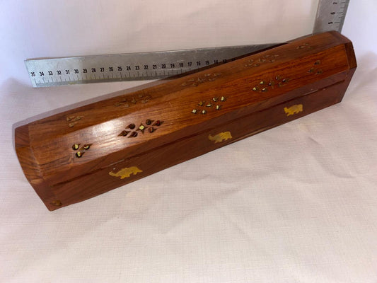 Wooden incense box with brass elephant inlays