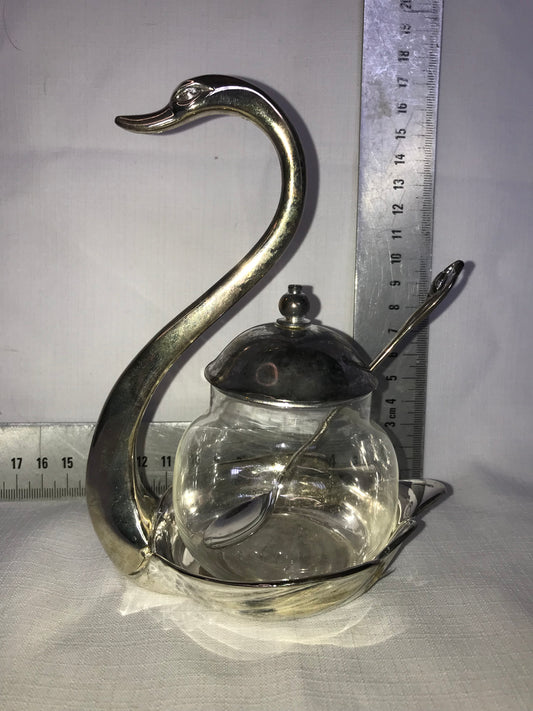 Silver-plated and glass swan jam set with Silver-plated cover and spoon
