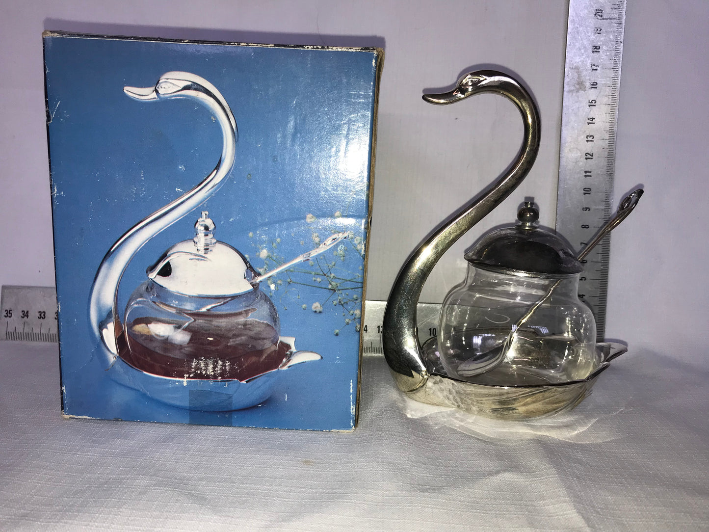 Silver-plated and glass swan jam set with Silver-plated cover and spoon